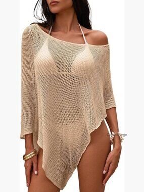 Crochet Knit Mesh Poncho Top Off The Shoulder Shrug Loose Beach Boho Swimwear